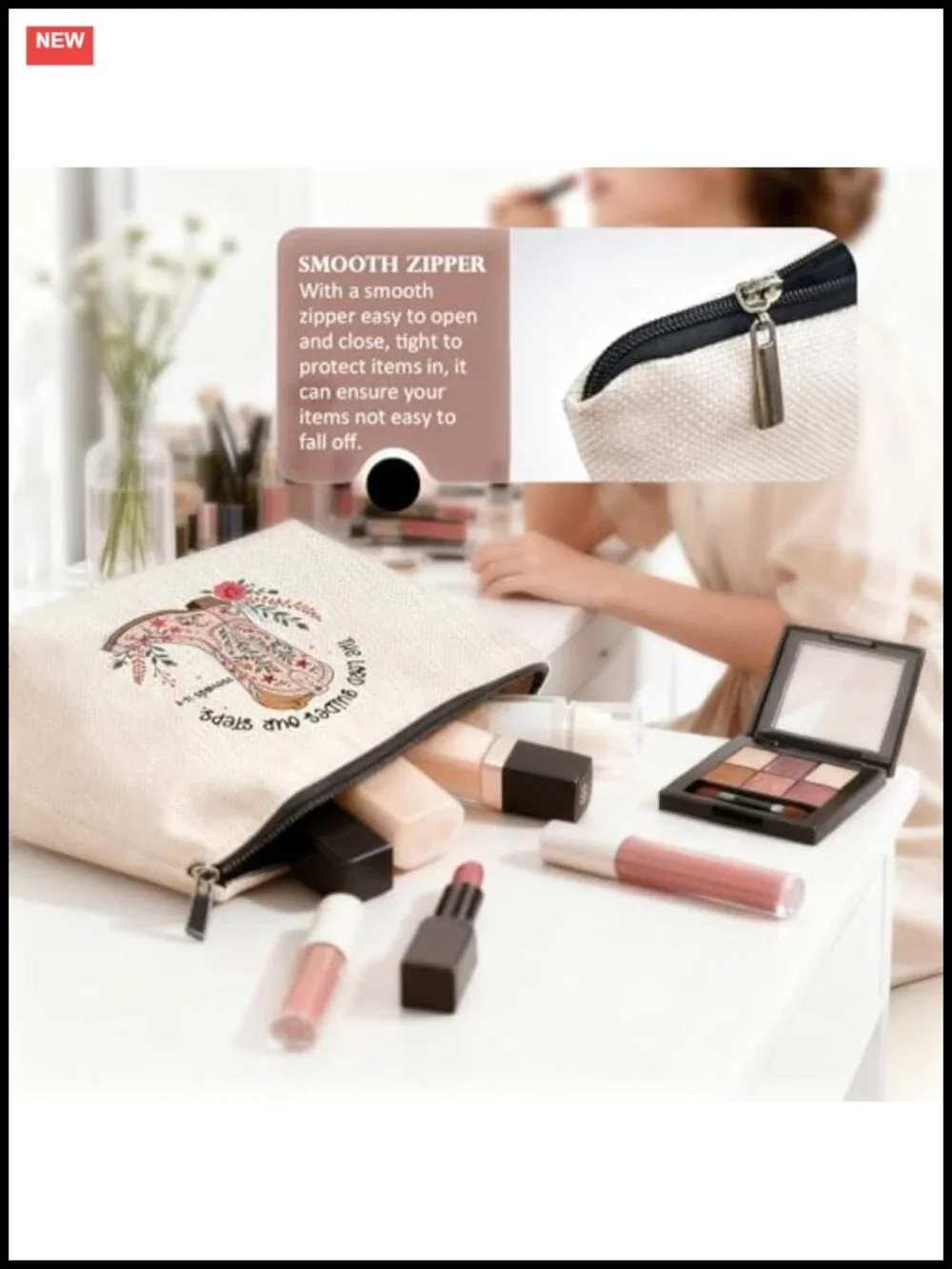 Cowgirl Makeup Bag with Bible Verse, Floral Boots Cosmetic Pouch, Linen Canvas